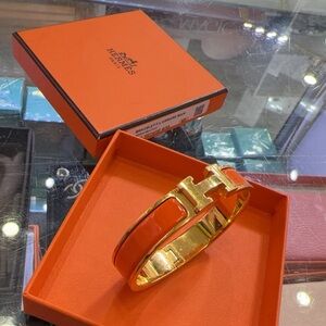 Hermes Orange Enamel H Bracelet with Gold Hardware